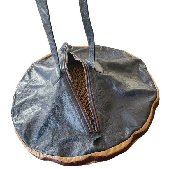 VINTAGE RARE 1970S B BARON BLUE Genuine Leather Handbag Women ROUND HIPPY BLUE - Picture 9 of 16